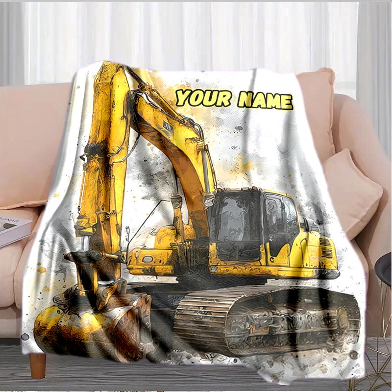 1PC Custom Name Excavator Art Card flannel blanket versatile,all-season throw suitable for the living room,bedroom,camping,travel,and gift