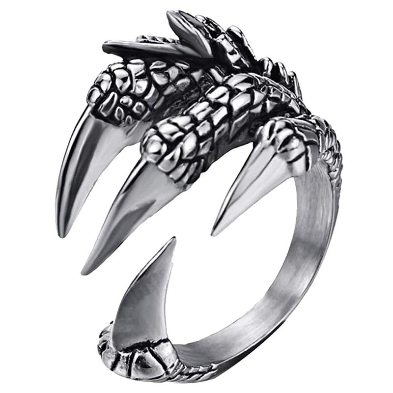 Vintage Punk Titanium Steel Eagle Dragon Claw Ring Gothic Halloween Jewelry for Men Open Rock Animal Skull Ring