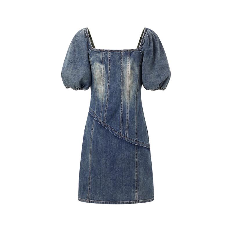 Peacebird Women's Square Neck Washed Denim Mini Dress