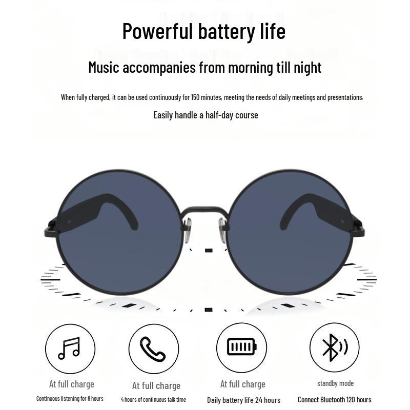 AI Smart Glasses with Bluetooth Calling & Music, Retro Oval Frame Sunglasses, Black Technology