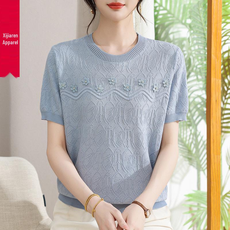 Stylish Round Neck Jacquard Ice Silk Knit Top for Mothers - Short Sleeve Summer Wear for Middle-aged and Elderly