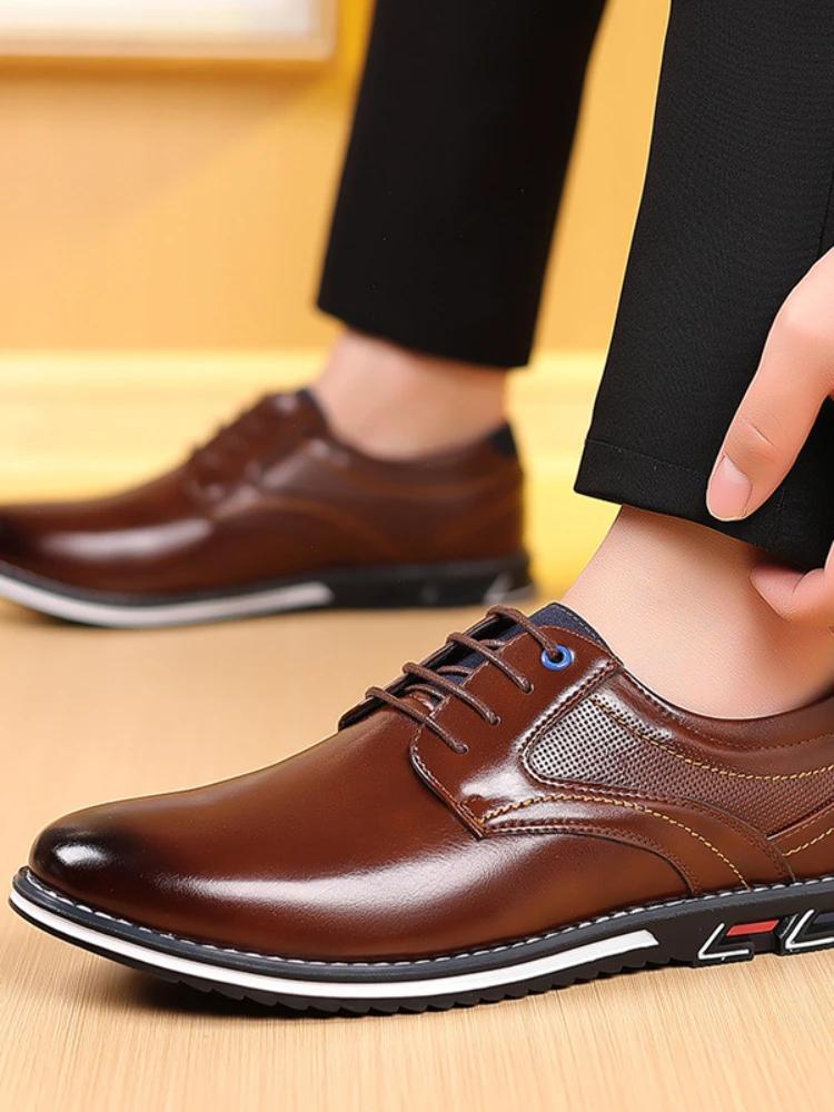 Men's PLUS SIZE PU Leather Solid Casual Shoes Wear-resistant Non Slip Lace-up Dress Shoes Men's Office Daily Footwear