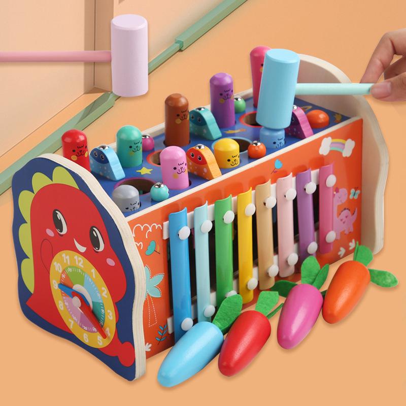 Jucărie de percuție multifuncțională cu dinozauri: Lovitură de cârtiță, Labirint magnetic, Tragere de morcovi, Pian