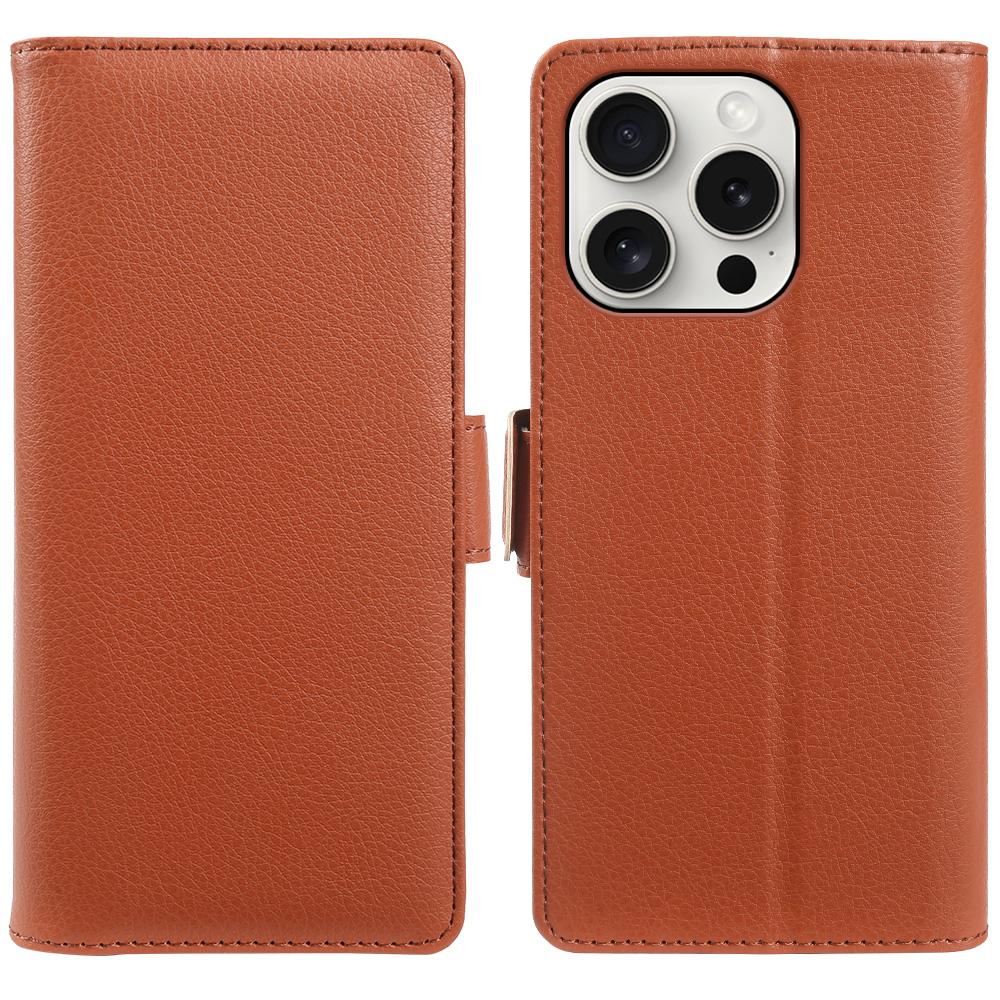 For iPhone 15 Pro Wallet Case with Dual Magnetic Clasp Litchi Textured Leather Flip Stand Phone Cover