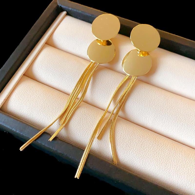 

Silver needle European and American round sequined fringed earrings fashionable metal long earrings personalized high-end earrings women