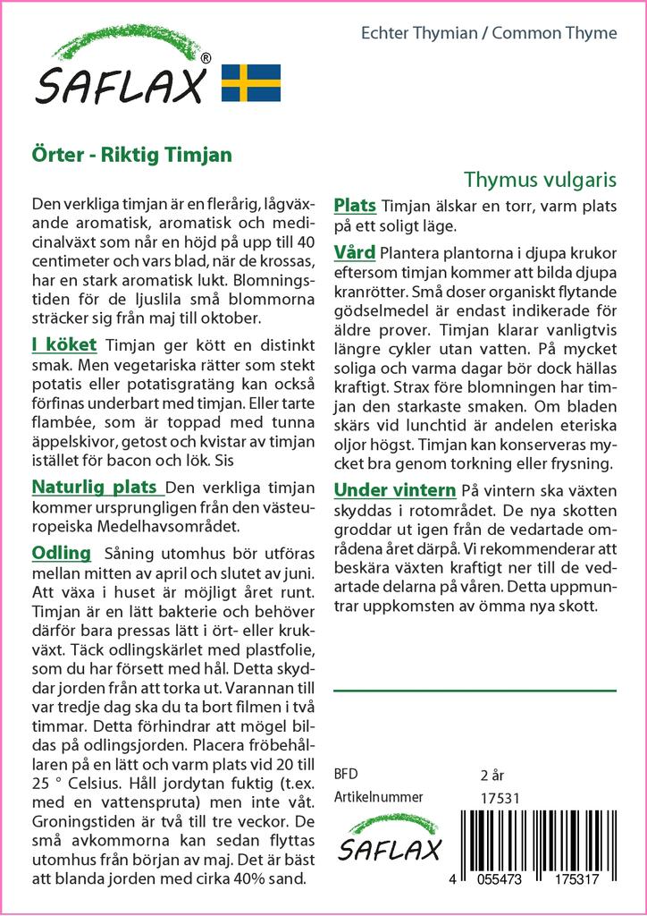 SAFLAX Garden In the Bag - Common Thyme - 200 Seeds - With Substrate In a Fitting Stand Up Bag - Thymus Vulgaris