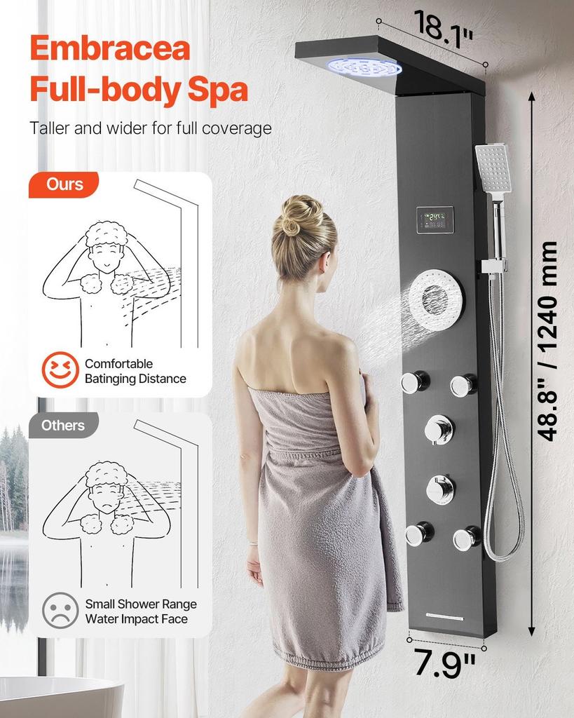 Shower Panel Tower System Stainless Steel Column Rainfall Head Massage Jet
