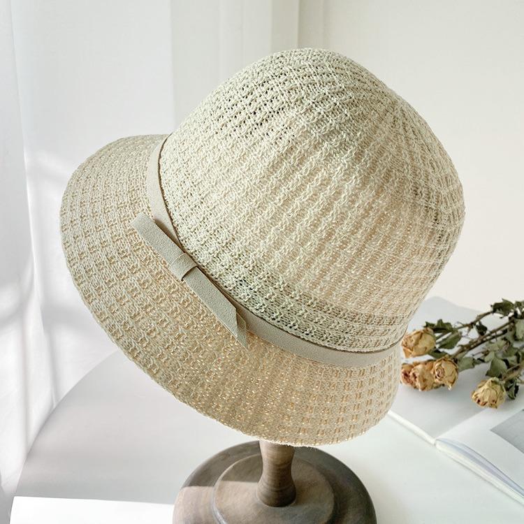 

Хлопковая и льняная трикотажная шляпа-ведро, шляпа-цилиндр с бантом, весенняя шляпа для отдыха, женская простая повседневная шляпа с солнцезащитным кремом M（56-58cm） бежевый