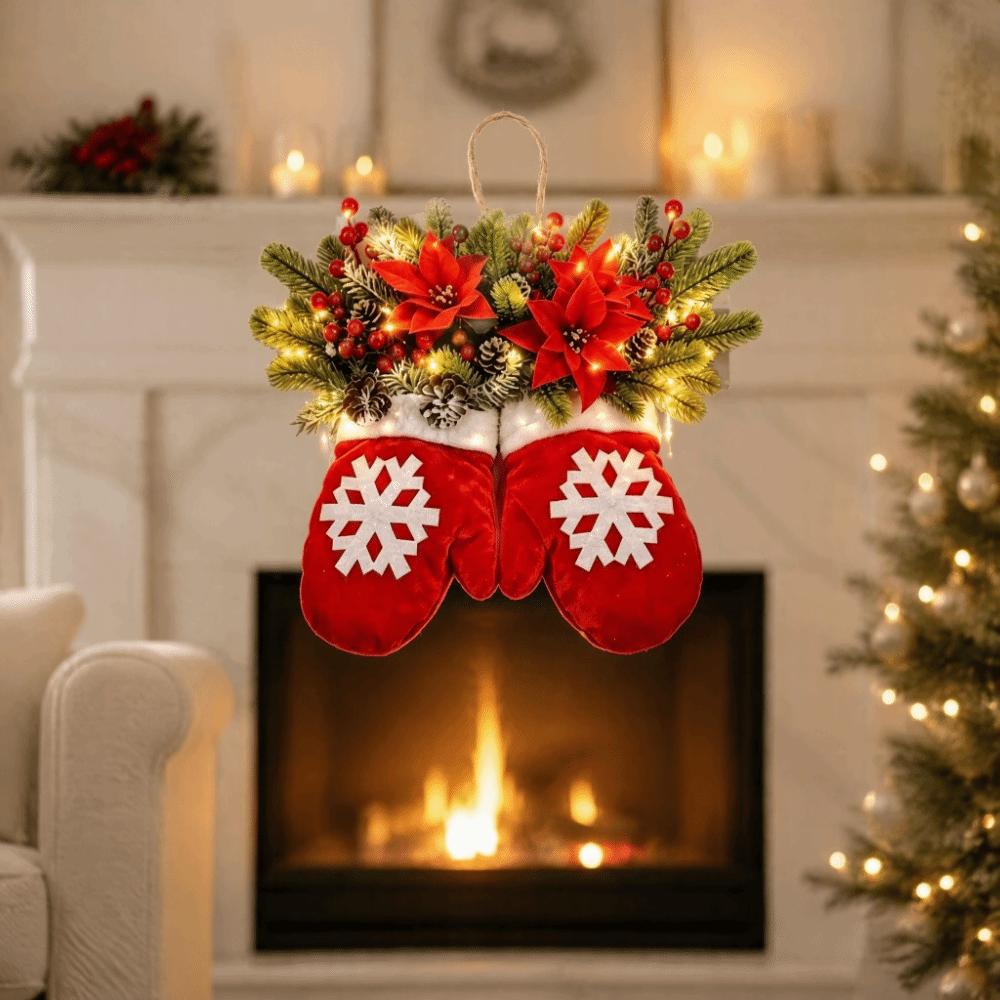 Snowflake Door Hanging Decor Artificial Pinecone Poinsettia Mitten Shaped Door Ornament Red Berries Luminous Christmas Garland