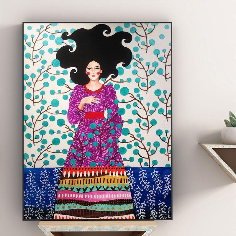 Moderne kvinner Fargerike blomsterhår Pike Veggkunst Lerretsmaling Nordisk plakat Vintage veggbilder til stuen