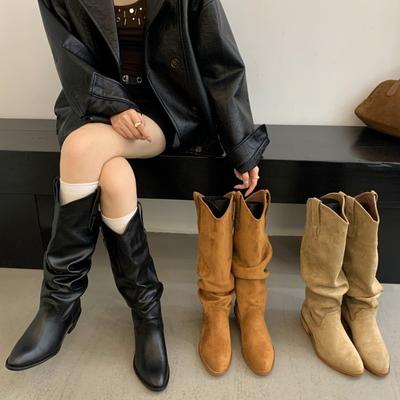 Bottes de chevalier longues plissées à talon épais chaussures pour femmes 2025 nouvel automne et hiver western fines et fines bottes longues