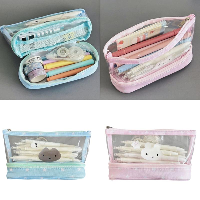 High Capacity Pencil Case 2 Compartment Pencil Pouches Clear Pencil Bag Portable Pencil Organiser Bag Travel Makeup Bag