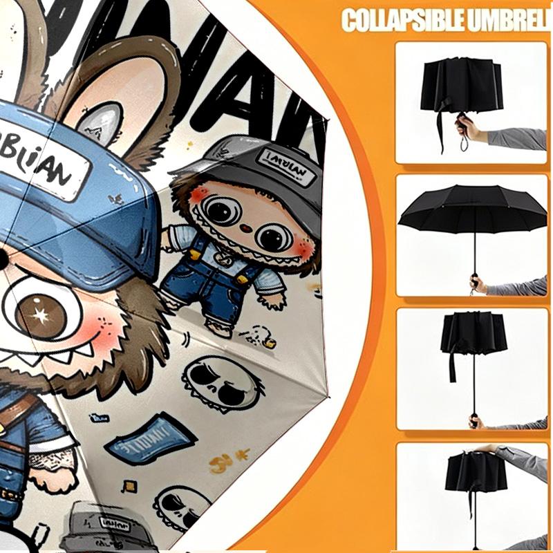 Custom Name Personalized Labubu Print Umbrella, Auto Open Close, 8‑Rib Sturdy Frame, Commute Camping Hiking Use, Birthday Gift