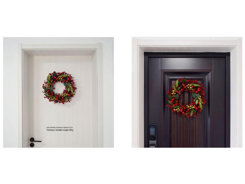 Handmade Christmas Wreath with Red Berries & Green Leaves on Steel Ring for Door Decoration