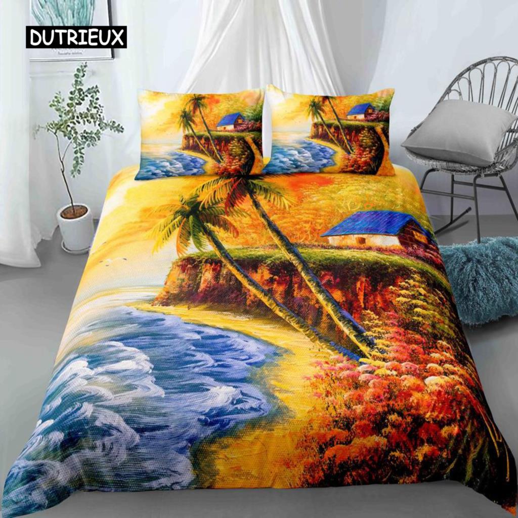 Oil Painting Landscape King Dimension Queen Size Bedspread Cover Natural Scenery Sleep Bedding Collection Teen Adult Floral Ocean Building Heavy-duty