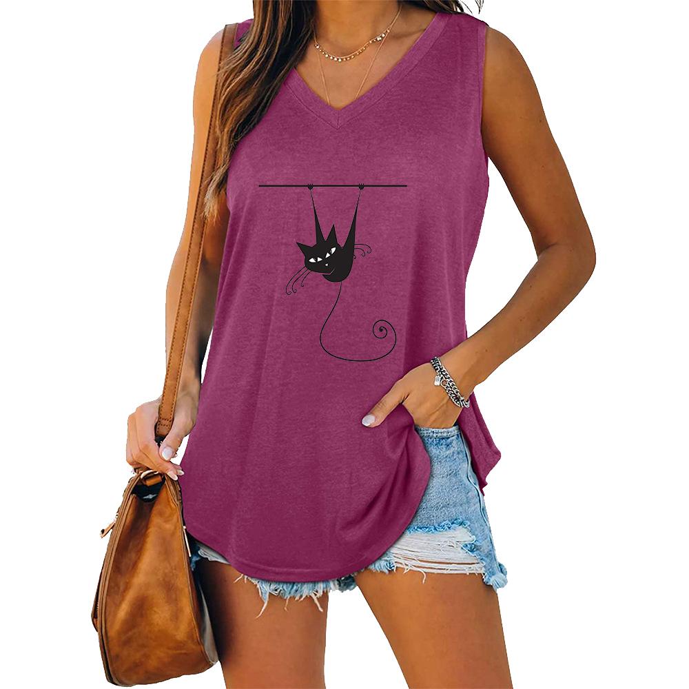 Women Fashion V-neck Sleeveless T-shirt Women Casual Cat Printed Tank Top