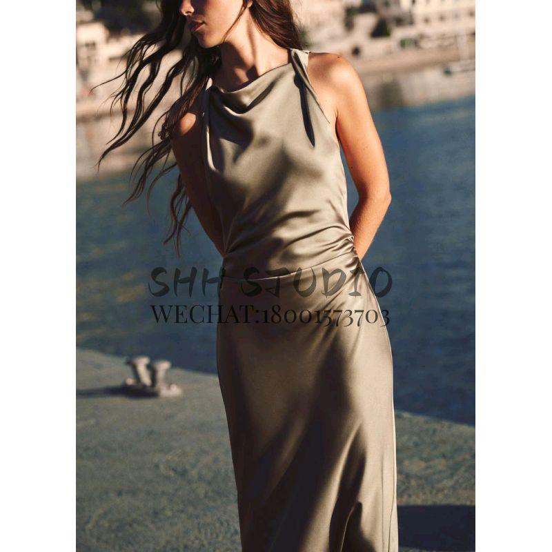 Spring New Elegant Sexy Pleated Long Formal Dress Silk Satin Texture Midi Skirt Dress 2124305