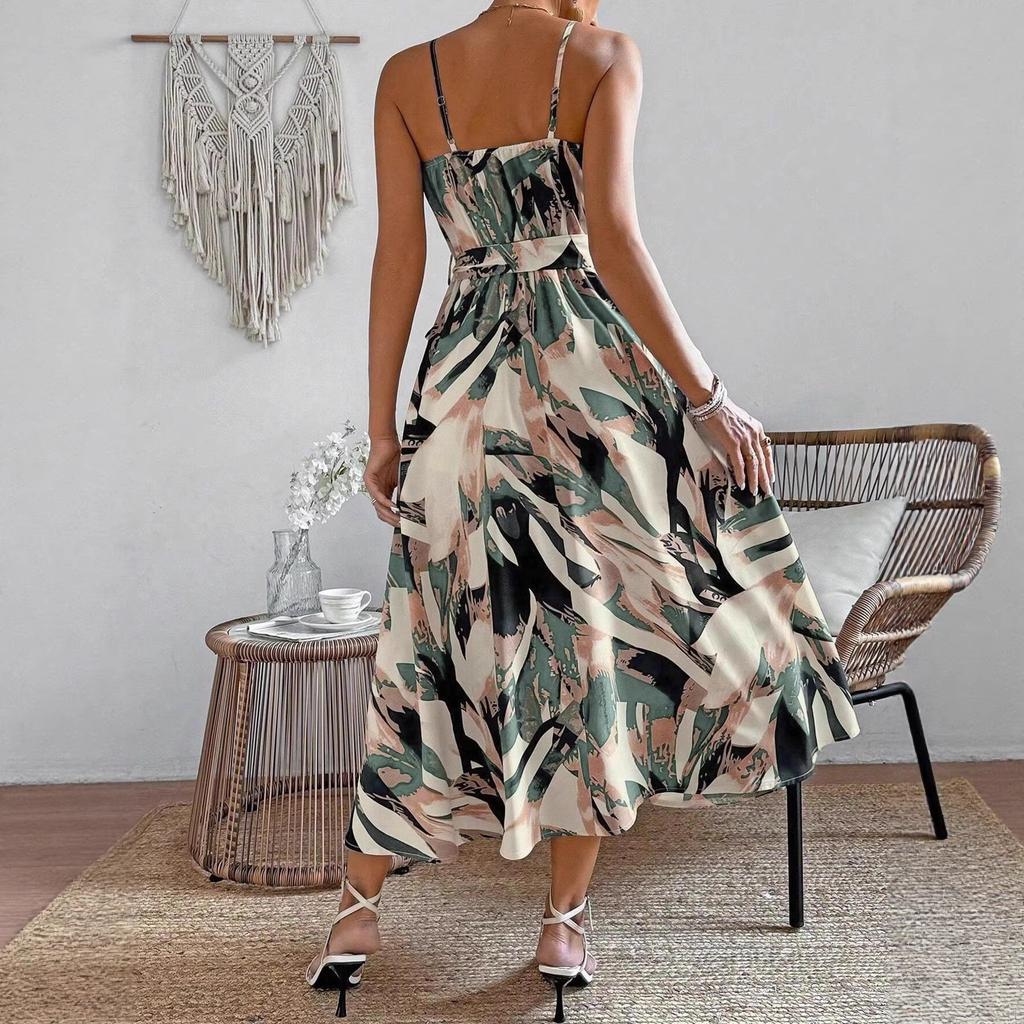 2026 Amazon cross-border new women's clothing printed lace-up neck sleeveless dress European and American summer waist dress