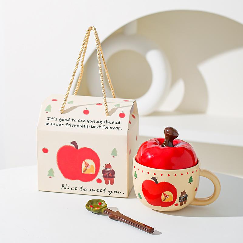 New Year Gift Gifts From Friends Elders Retro Apple Cup with Lid with Spoon Mug Gift Box for Best Friend Birthday Gift