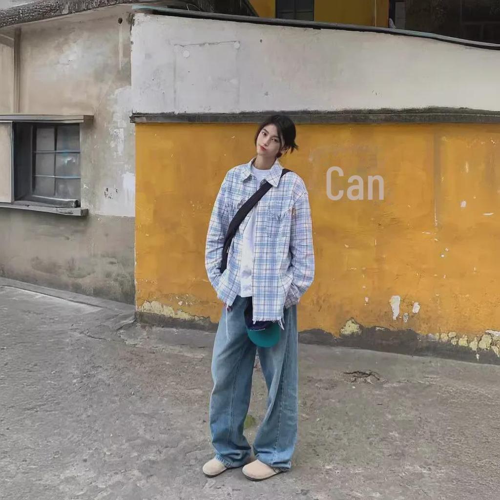 Women's Retro Plaid Raw Edge Long Sleeve Shirt - Loose, Casual, Layered, Trendy for Spring and Autumn.