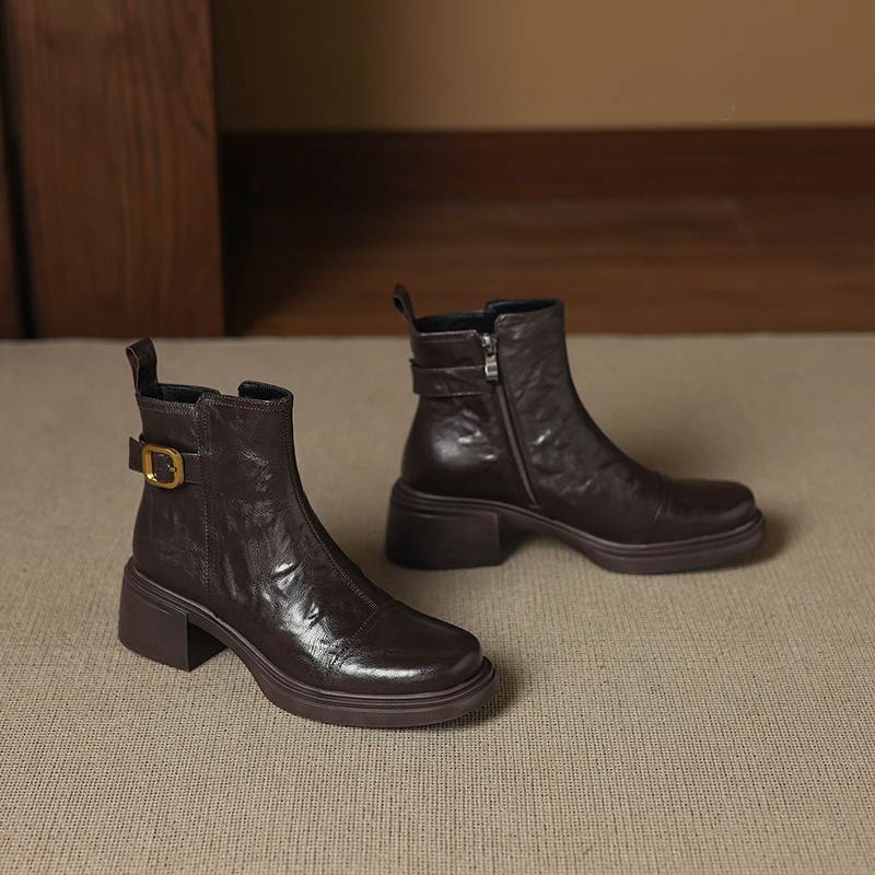 Krazing Pot Sheepskin Round Toe Thick Heels Chelsea Boots Size 42 High Quality Women Keep Warm Metal Buckle Ankle Boots