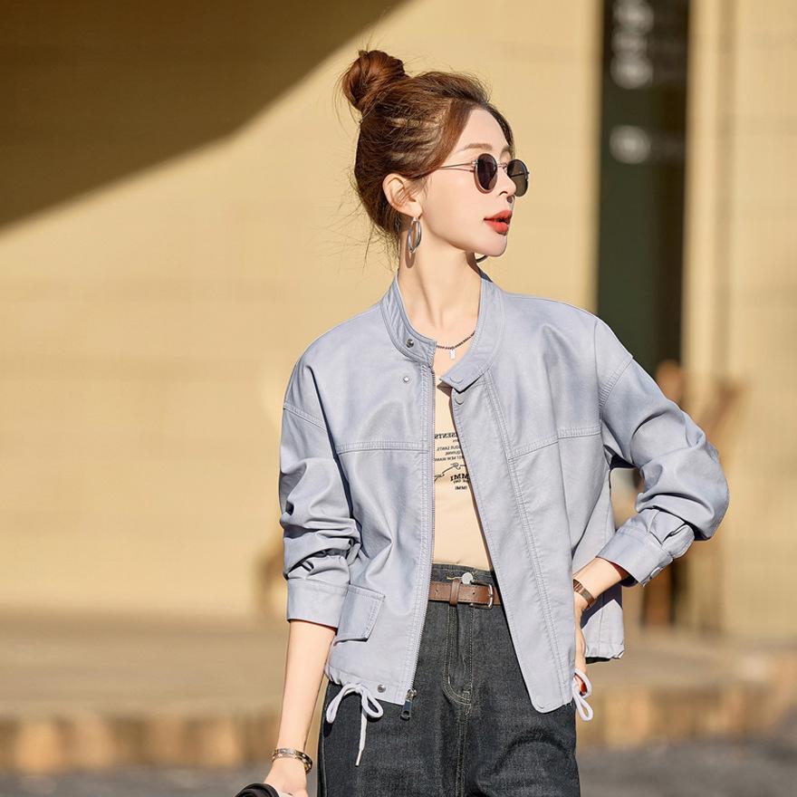 

Женская кожаная куртка весна и осень новая маленькая короткая свободная модная повседневная кожаная куртка с круглым вырезом XL синий