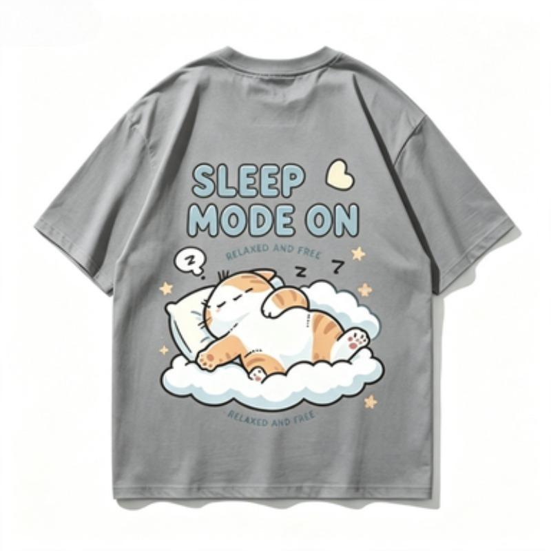 Sleep Mode On Graphic Tshirt Unisex Cute Sleeping Cat On Cloud Print Oneck Short Sleeve Loose Casual Summer Streetwear Tops