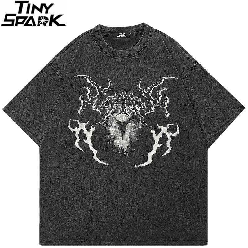 Hip Hop Faded Black TShirt Streetwear Monster Devil Graphic T Shirt Printed Men Tshirt Cotton Tops Tees Hipster