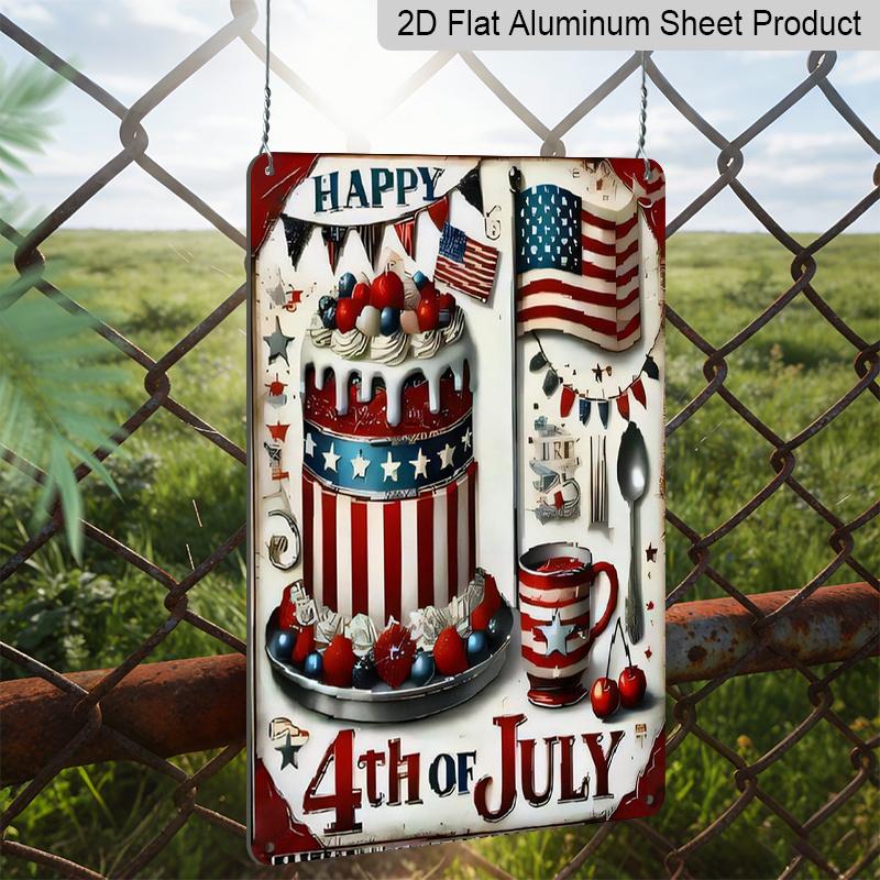 2D Flat 4th of July Aluminium Sign Vintage Independence Day Celebration Metal Sign Print Aesthetic Room Decoration for Home Bedroom Kitchen Bar