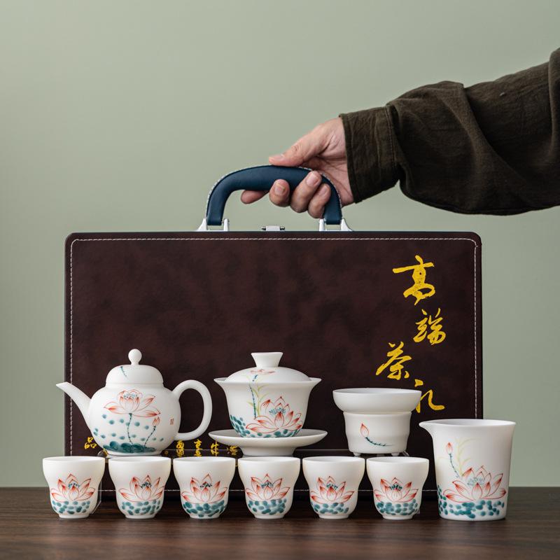 White Pottery Hand-painted Plain-fired Suet Jade Porcelain Tea Set Business Company Annual Meeting High-end Gifts