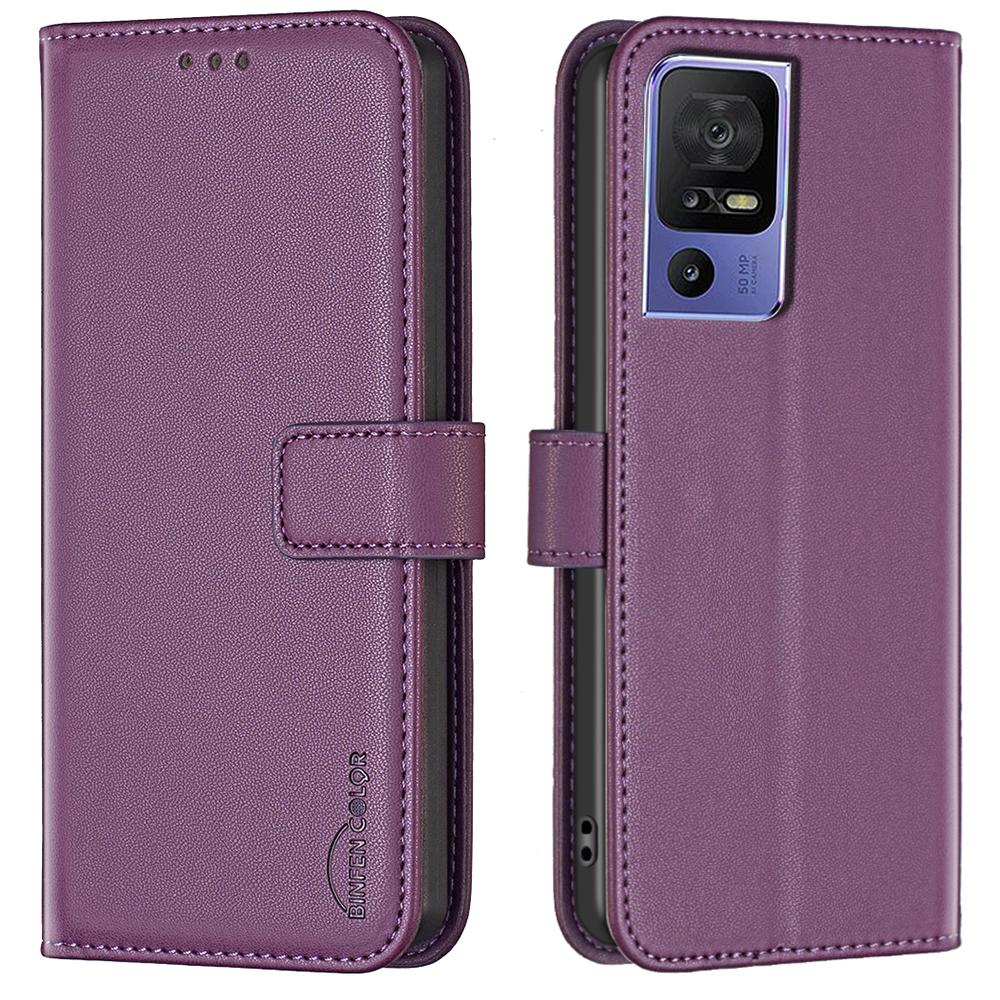 

BINFEN COLOR BF17 For TCL 40 SE Leather Case Wallet Phone Stand Cover Dark Purple