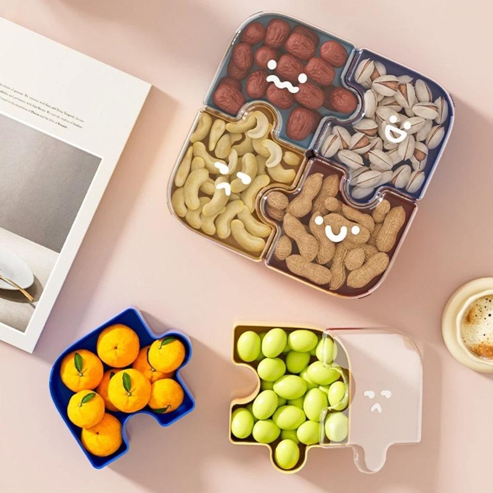 Plastic Jigsaw Fruit Tray Compartmentalized Storage Dustproof Snack Tray Convenient with Visible Lid Dried Fruit Tray