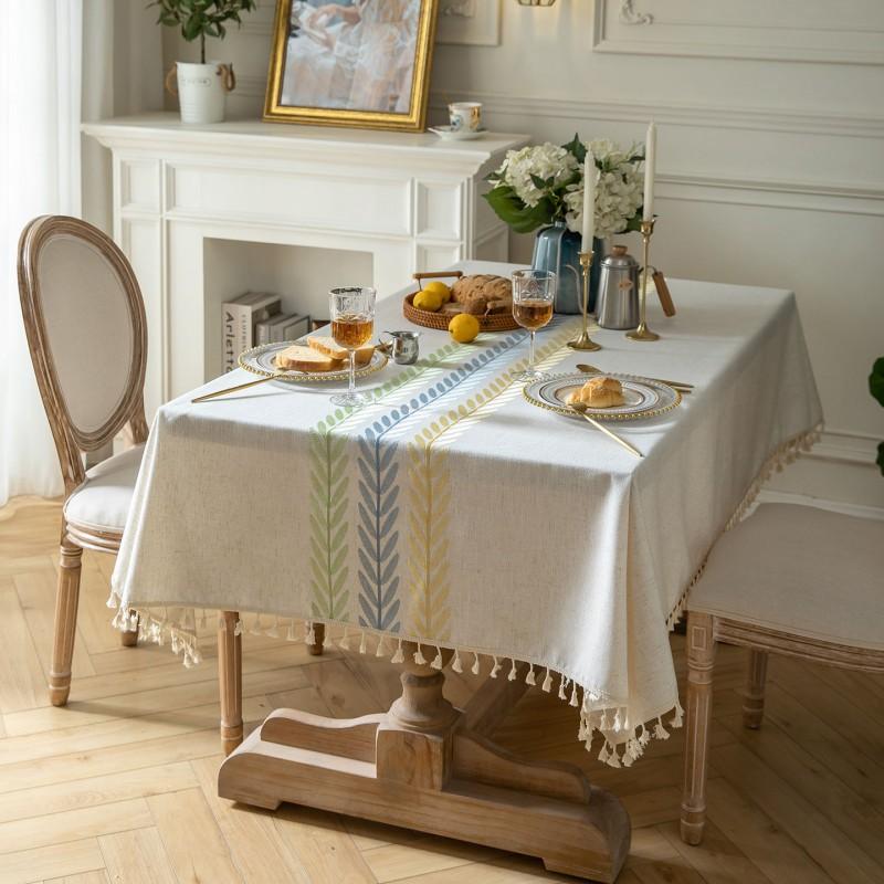 Waterproof Fabric Tablecloth Linen Blend Fresh Nordic Style Embroidered Rectangular Dining Table Coffee Cover