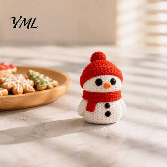Decorative Snowman Statue 3D Printed Knitted Figurine, Christmas with Red Knit Desktop Figurines Hat and Scarf, Mini Sculpture for Holiday Desk