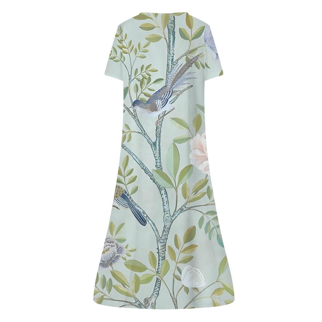 Women's Summer Casual Printing Fashion V-neck Short Sleeved Beach Swing Skirt