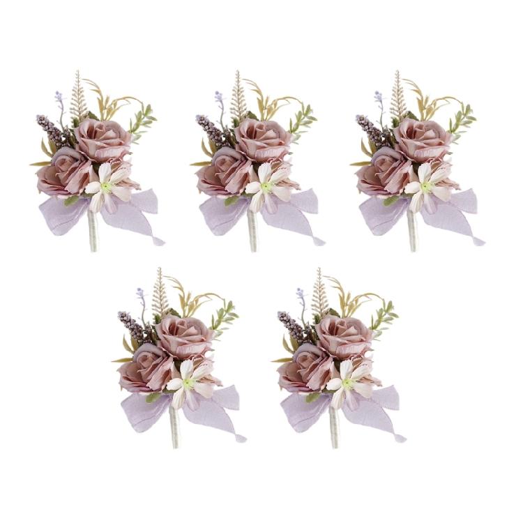 5Pcs Artificial Rose Boutonniere for Wedding Ceremony Anniversary, Dinner Party, Rose Corsages Wristband for Bride Groo