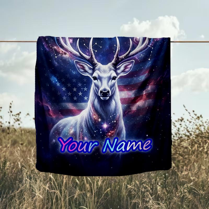 1PC Custom Name Deer American Flag Background flannel blanket versatile,all-season throw suitable for the living room,bedroom,camping,travel,and gift