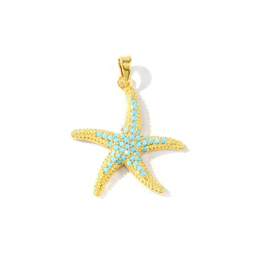 2 Pcs Blue Cubic Zirconia Ocean Charms Starfish Mermaid Conch Sun Shaped Melon Brass 18K Gold Plated Pendants For DIY Necklace