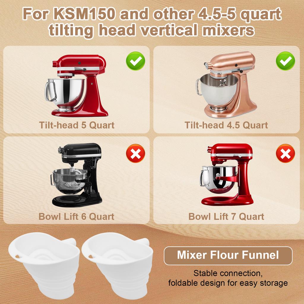 Silicone Flour Funnel for Artisan KSM150 and 4.5–5 Qt Tilt Head Stand Mixer Powder Funnel Kitchen Aid Mixer Stand Kitchen Tools