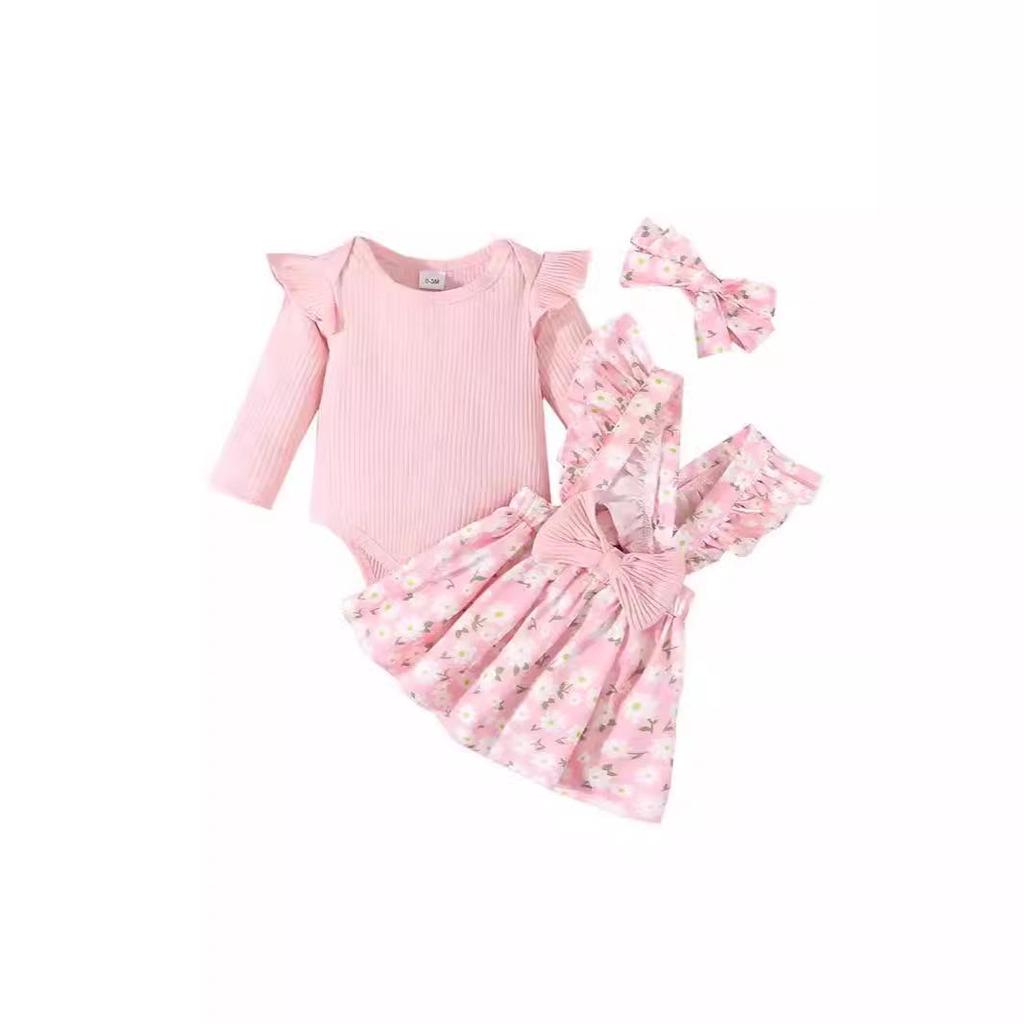 European & American Pastoral Style Infant Romper 3-Piece Set: Bow Floral Suspender Skirt