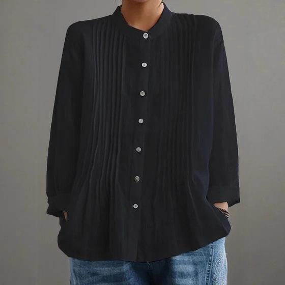 Women's Stand Collar Loose Fit Long Sleeve Button Down Shirt with Front Pleats