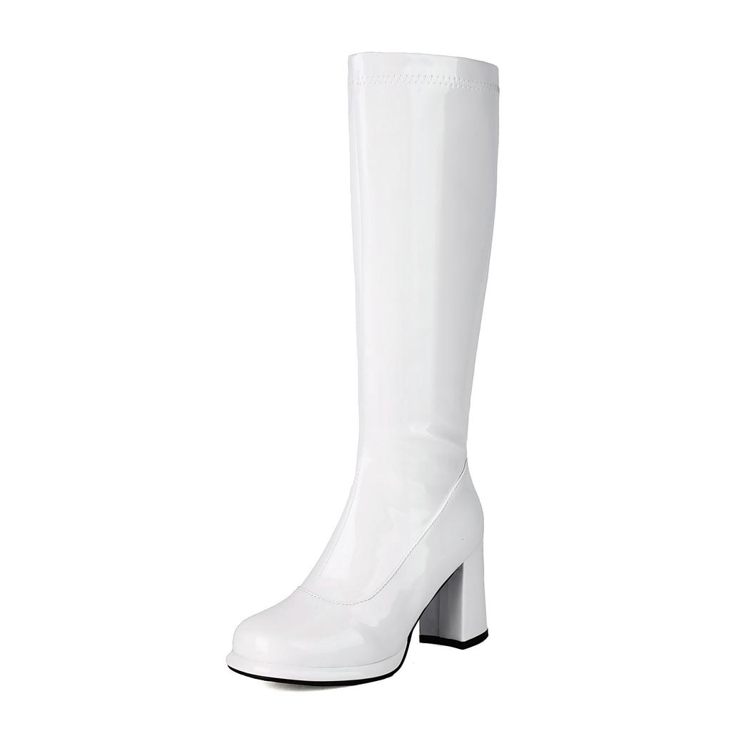 Sung Fit Women's Knee High Boots Gold Silver Comfy Shoes Soft Patent Leather Chunky High Heels Footwear