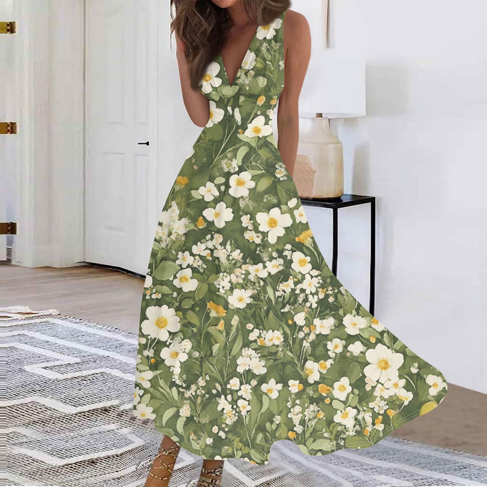 

Женские модные повседневные свободные платья с V-образным вырезом без рукавов с принтом XXL зелёный