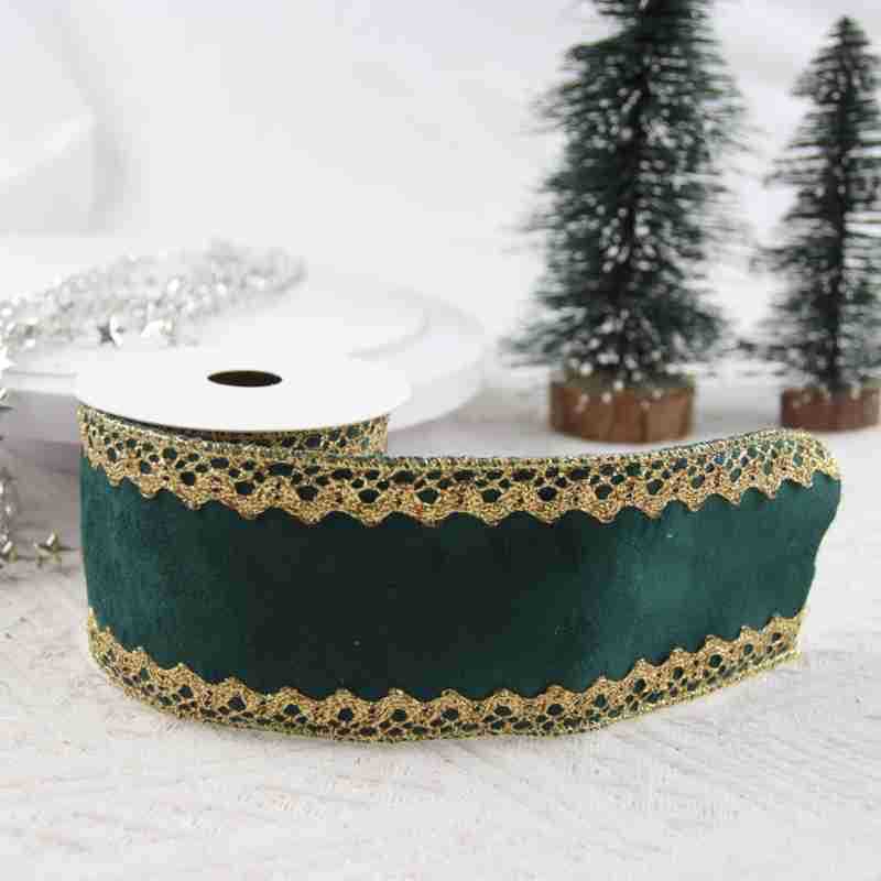 Maßgeschneidertes kabelgebundenes Weihnachts-Samtband mit exquisiter goldener Kante, metallisches Samtband zur Dekoration