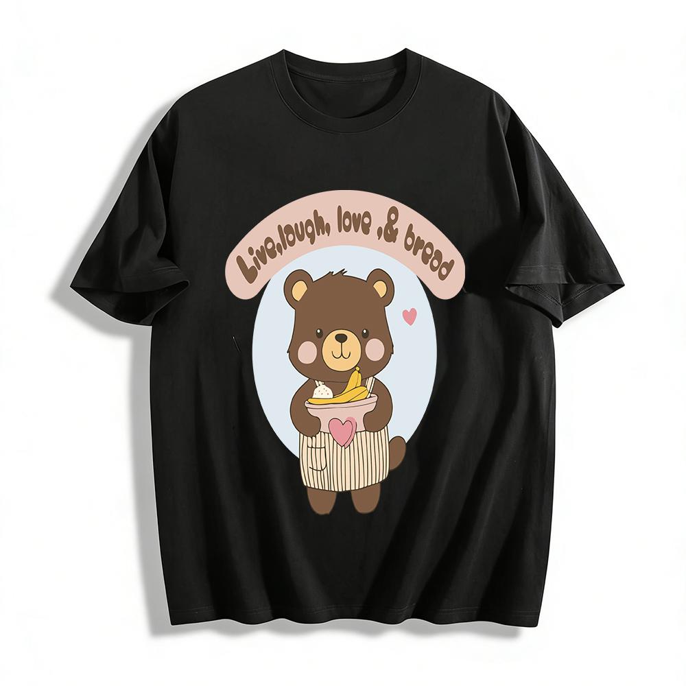 

Live Laugh Love & Bread Cute Bear Graphic Tee Cozy Casual Food Lover T-Shirt for Women Men Kids Pure cotton T-shirt XXS