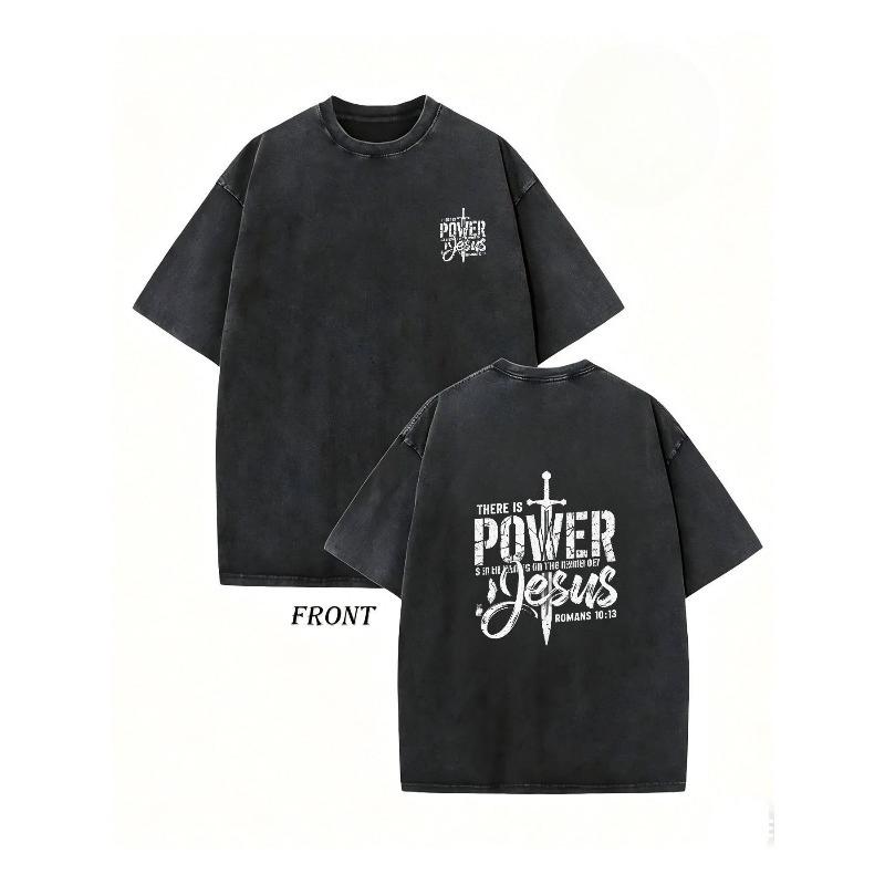 European sizes Men S Vintage Acid Washed Black T-Shirt  Power of   Graphic Tee - Retro Crew Neck Short Sleeve Casual Streetwear Top for Summer S чёрный