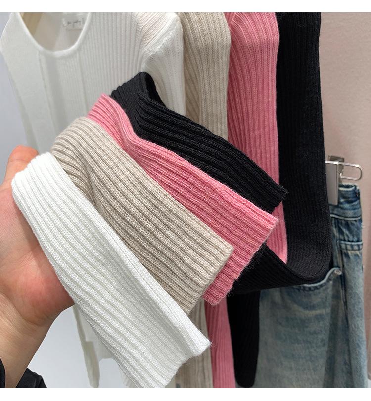 Spring 2025 Women's Solid Color Round Neck Wool Sweater - Slim Fit, Long Sleeve, Straight Shoulder