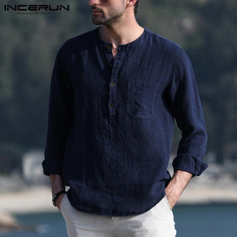 INCERUN Vintage Mens Long Sleeve Shirts 