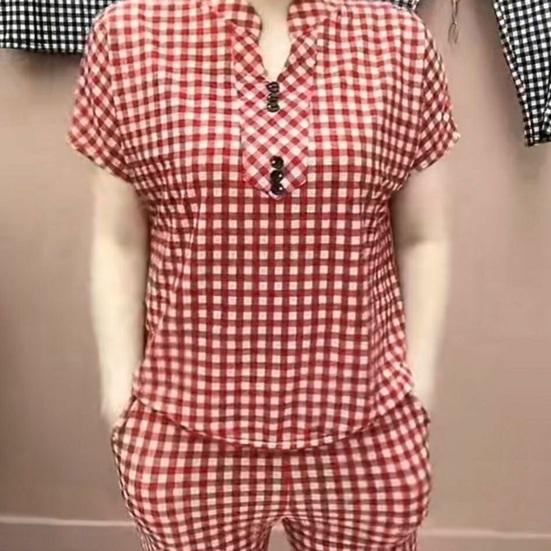 Women's Plaid 2 Piece Outfits Sleeve Top And Button Short Cropped Skinny Pants Matching Set Summer