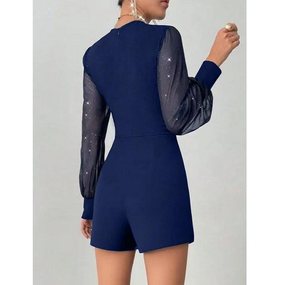 Damen Sommer Frühling Kurze Jumpsuits und Strampler Netz Langarm V-Ausschnitt Bodysuits Damen Elegant Playsuits